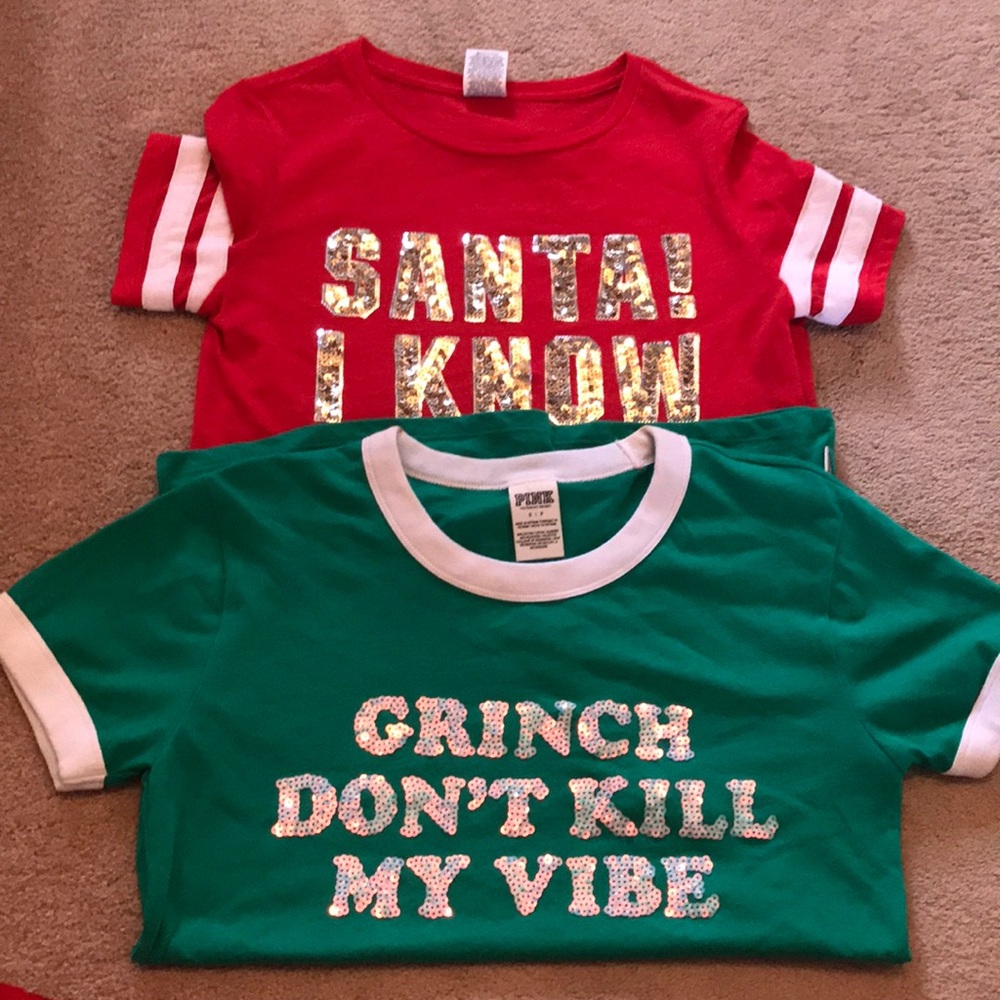 Two Victoria’s Secret Pink Christmas shirts